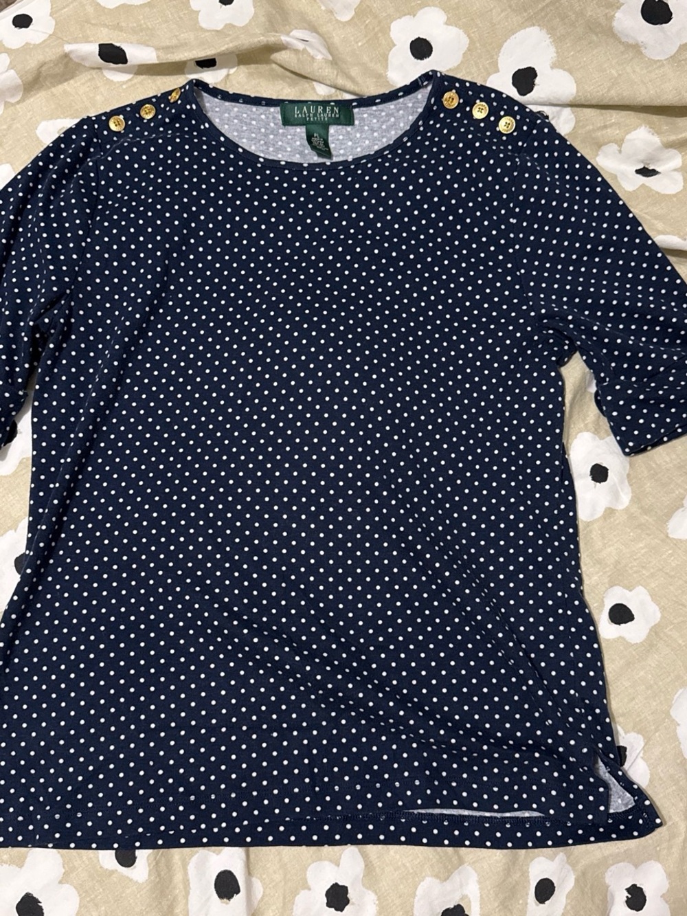 Lauren Ralph Petite Lauren Navy Polka Dot Short Sleeve Top with Shoulder Buttons